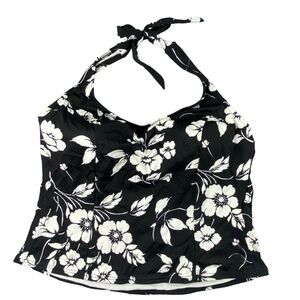Miraclesuit black and white floral print tankini halter swim top wms sz 14